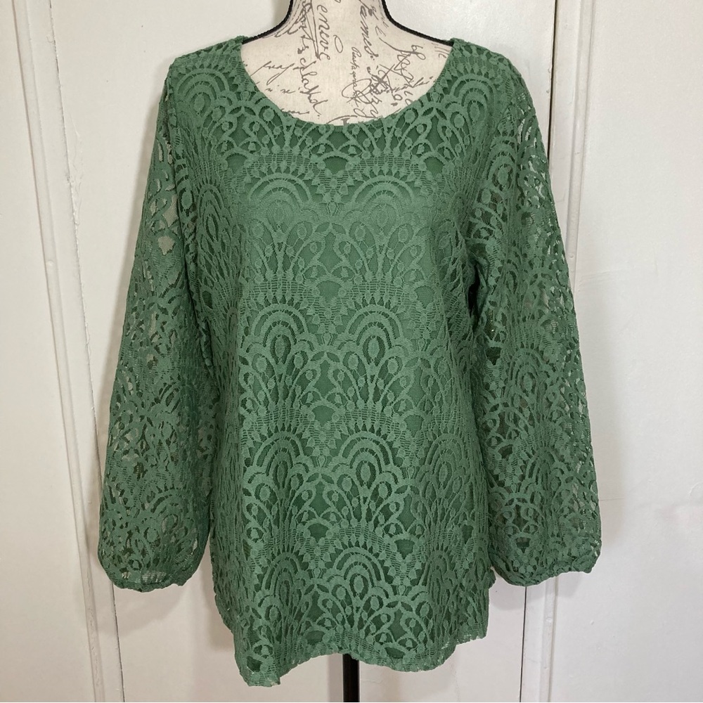 Green Solid Lace Knit Long Sleeve Top Green Art Deco Style Lace Blouse Top